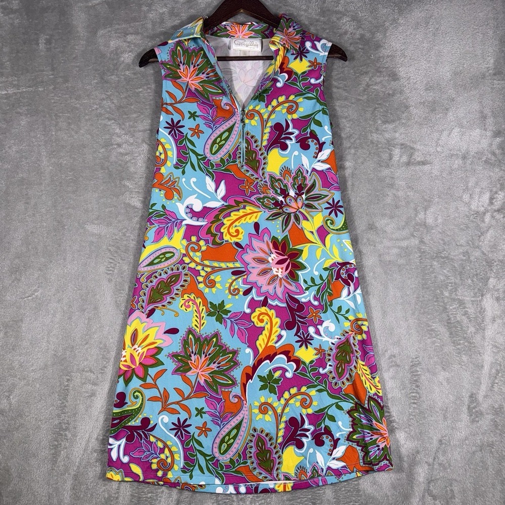 Pappagallo Women's Dress Tropical Collared Sleeveless Vacation Beach Small Party